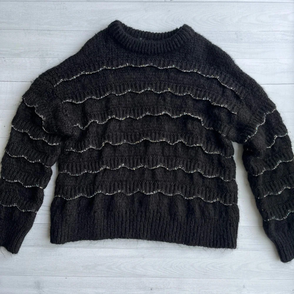 ZARA Knit Black Oversized Mohair Sweater with Glitter Trim Size S - Picture 9 of 10